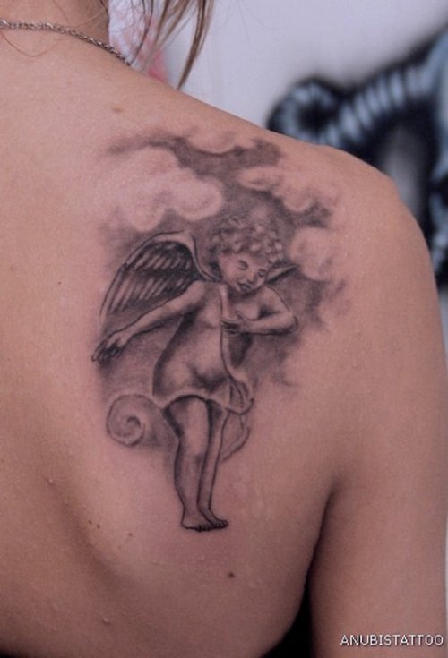 Right Back Shoulder Baby Angel Tattoo